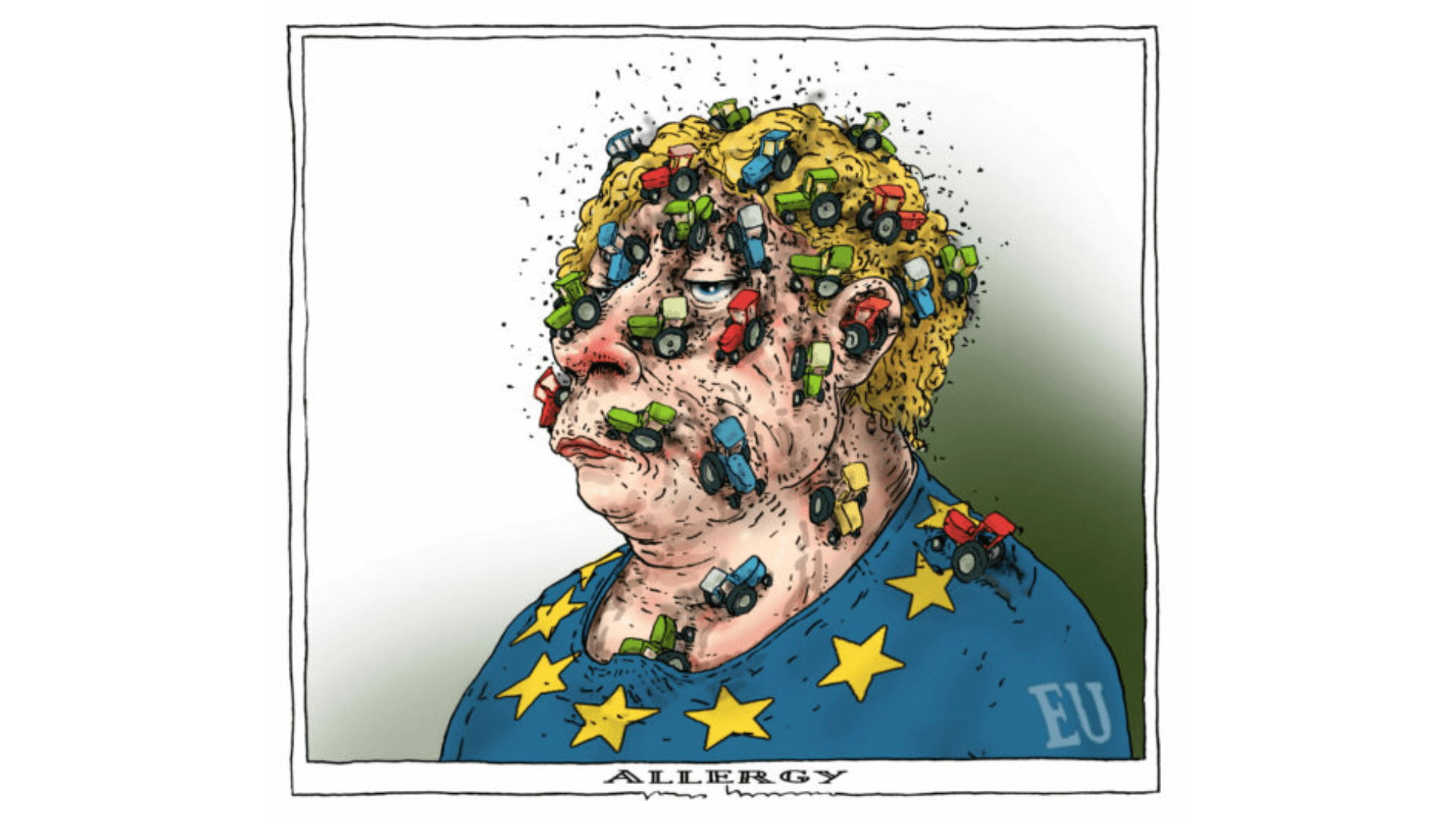 Illustration of a person wearing a EU sweater covered in small tractors