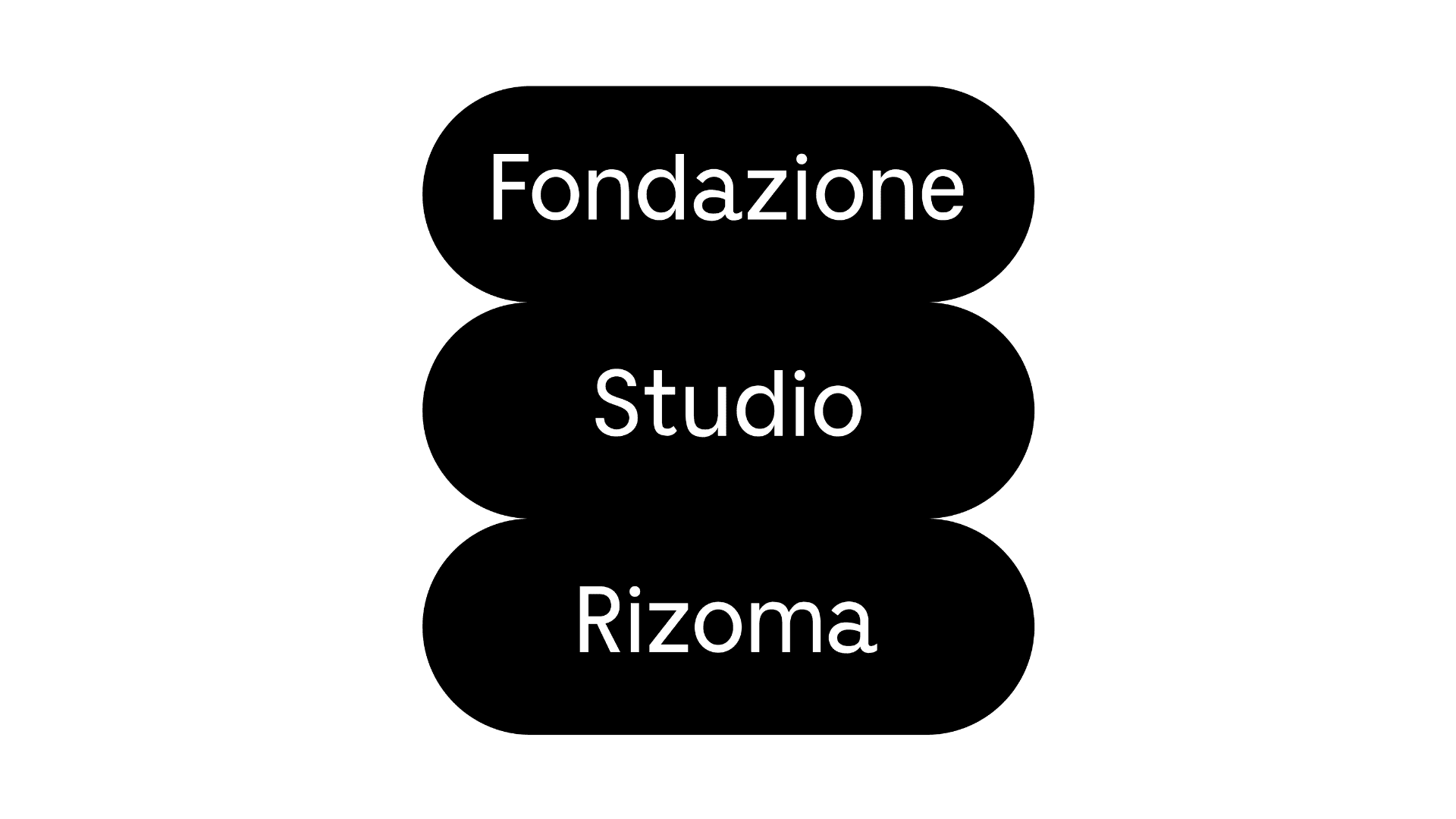 Three words are on top of each other in black bubbles. The words are "Fondazione", "Studio" and "Rizoma"