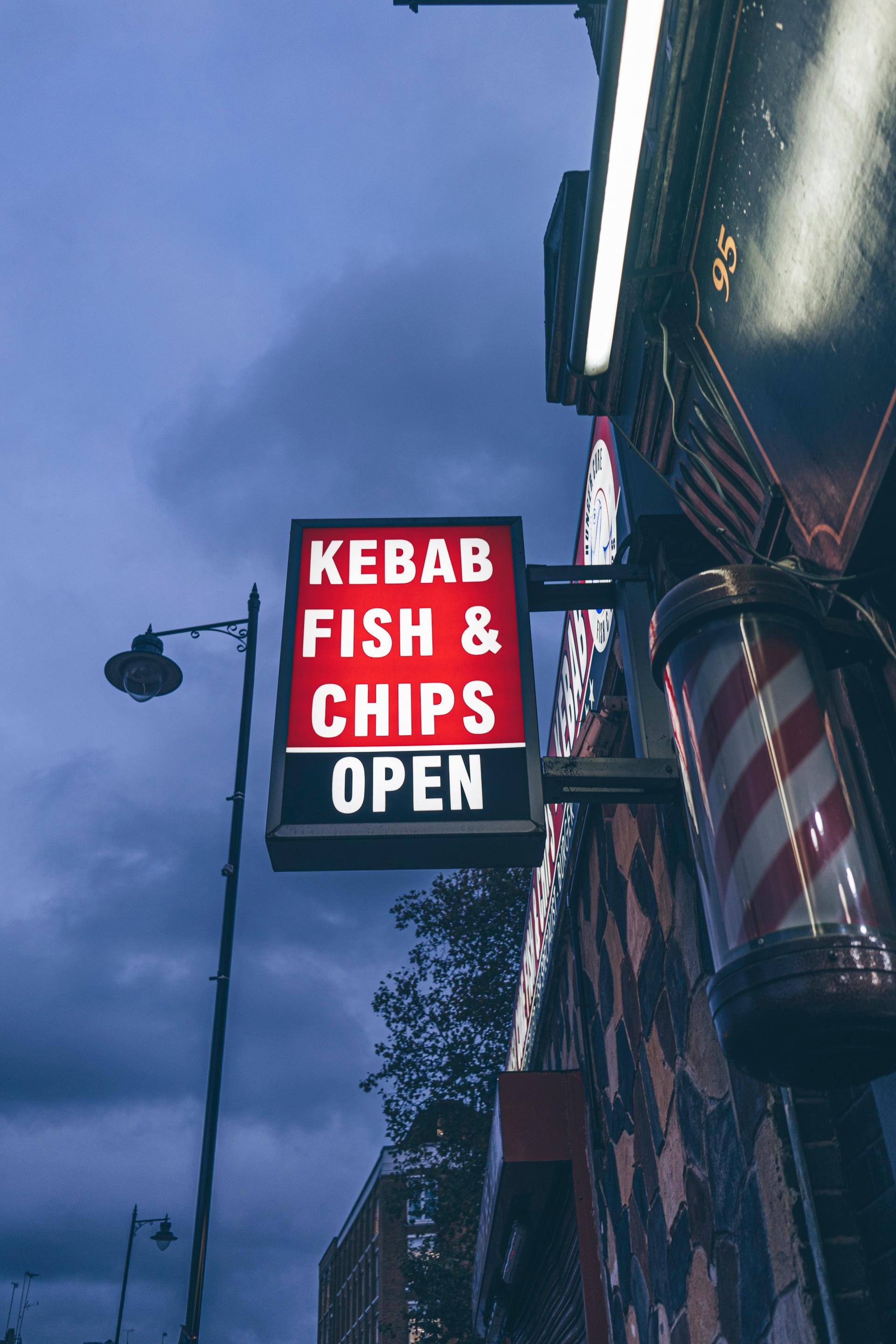 A sign stating Kebab Fish & Chips
