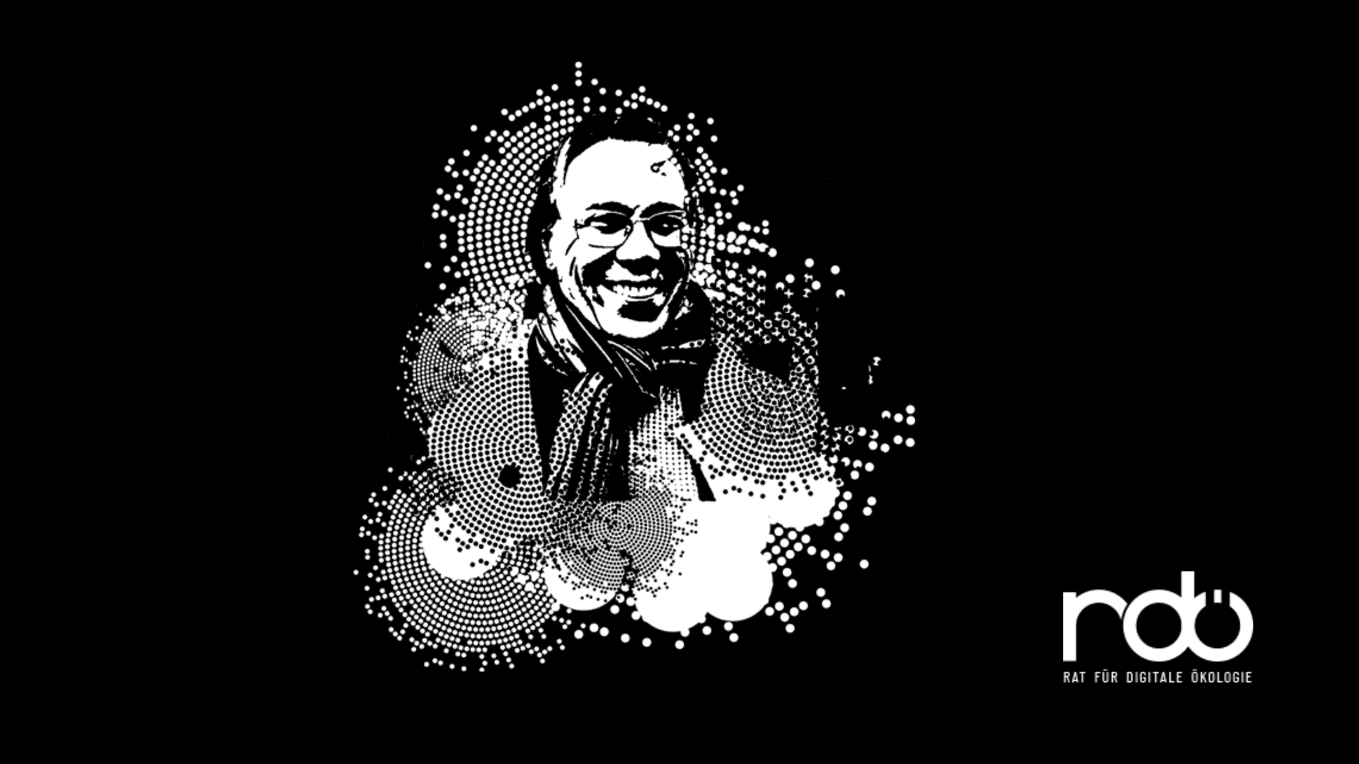 Ein grafisch gestaltetes Porträt von Harald Welzer auf schwarzem Hintergrund mit dem Logo des Rats für Digitale Ökologie