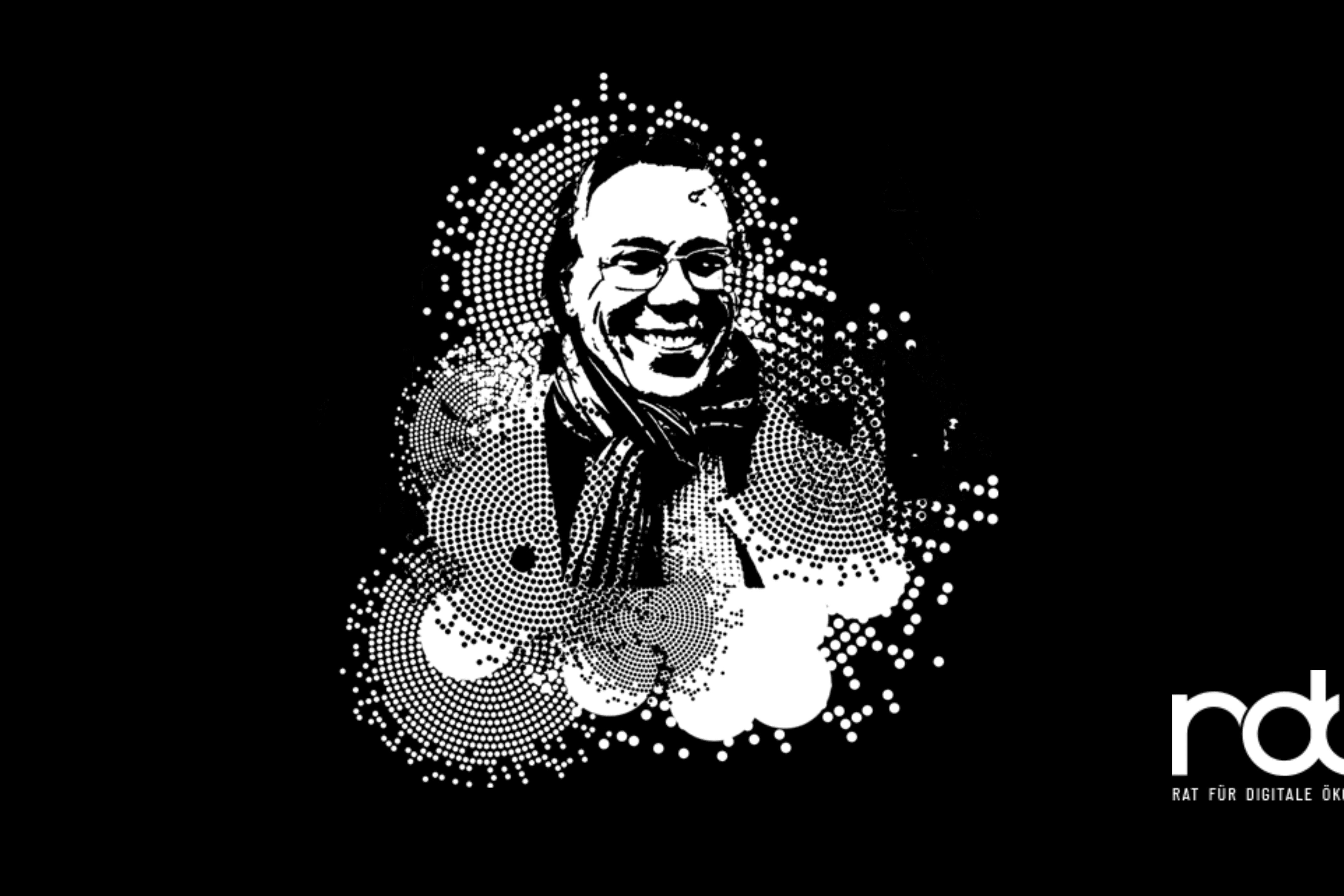 Ein grafisch gestaltetes Porträt von Harald Welzer auf schwarzem Hintergrund mit dem Logo des Rats für Digitale Ökologie