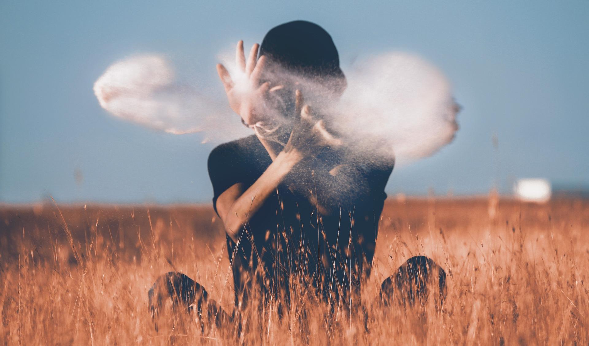 A person is sitting in a field of crops and the face is hidden behind behing a cloud of some kind of powder