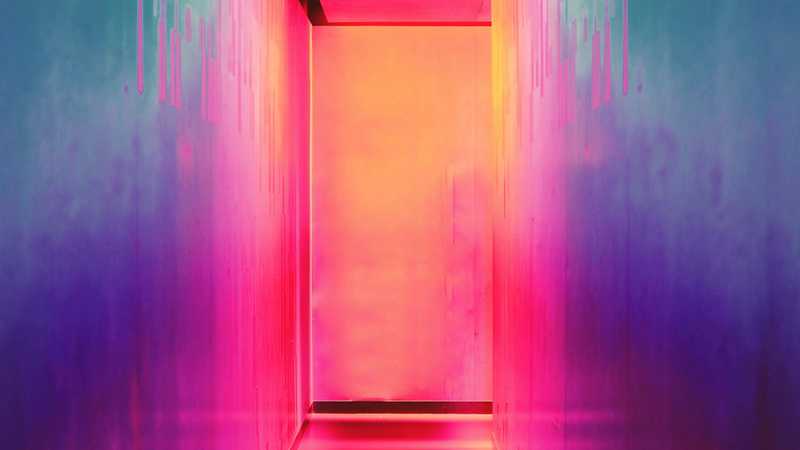 A colorful lighted hallway
