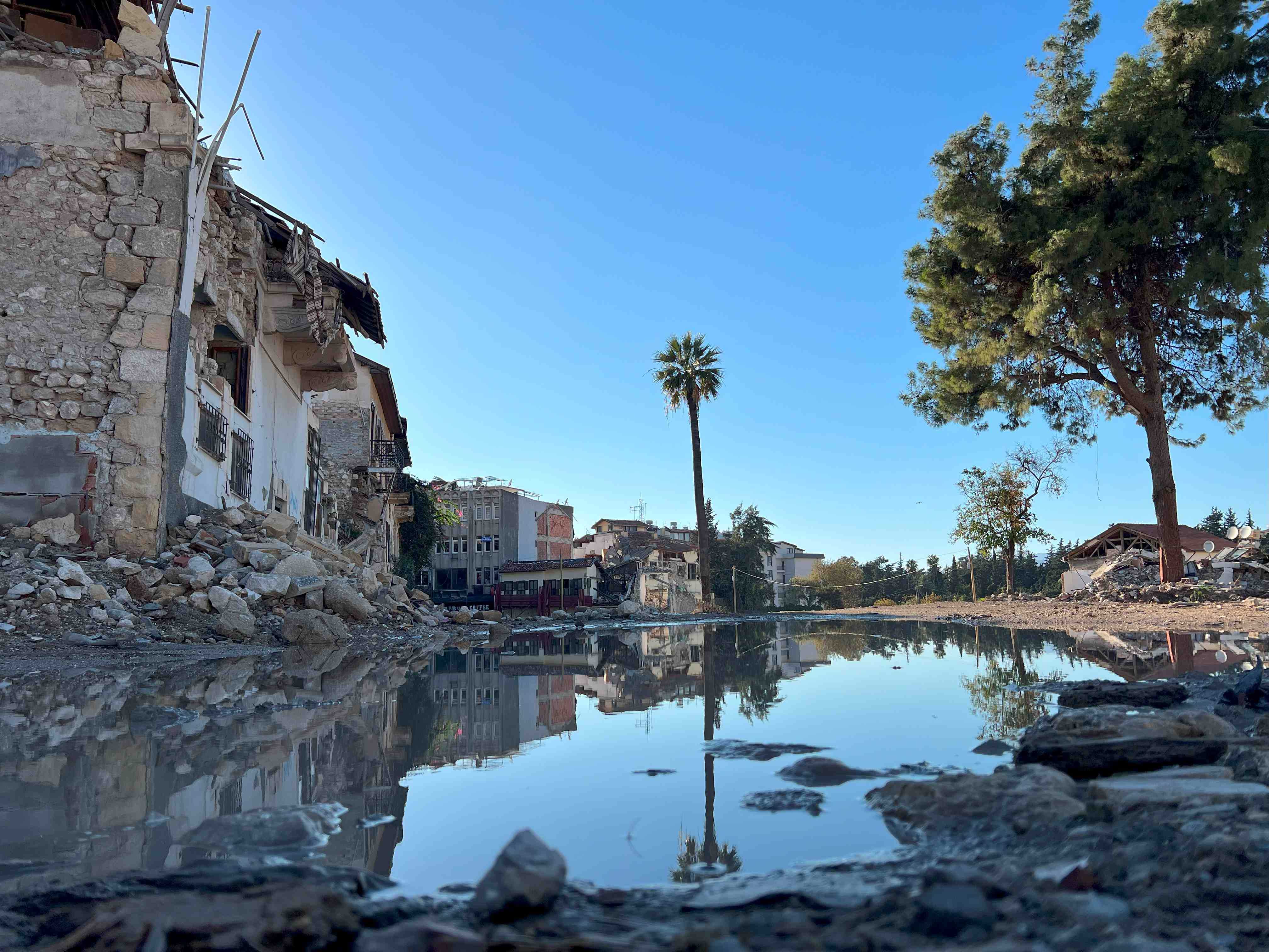 A puddle reflects a landscape of ruins and a palm tree