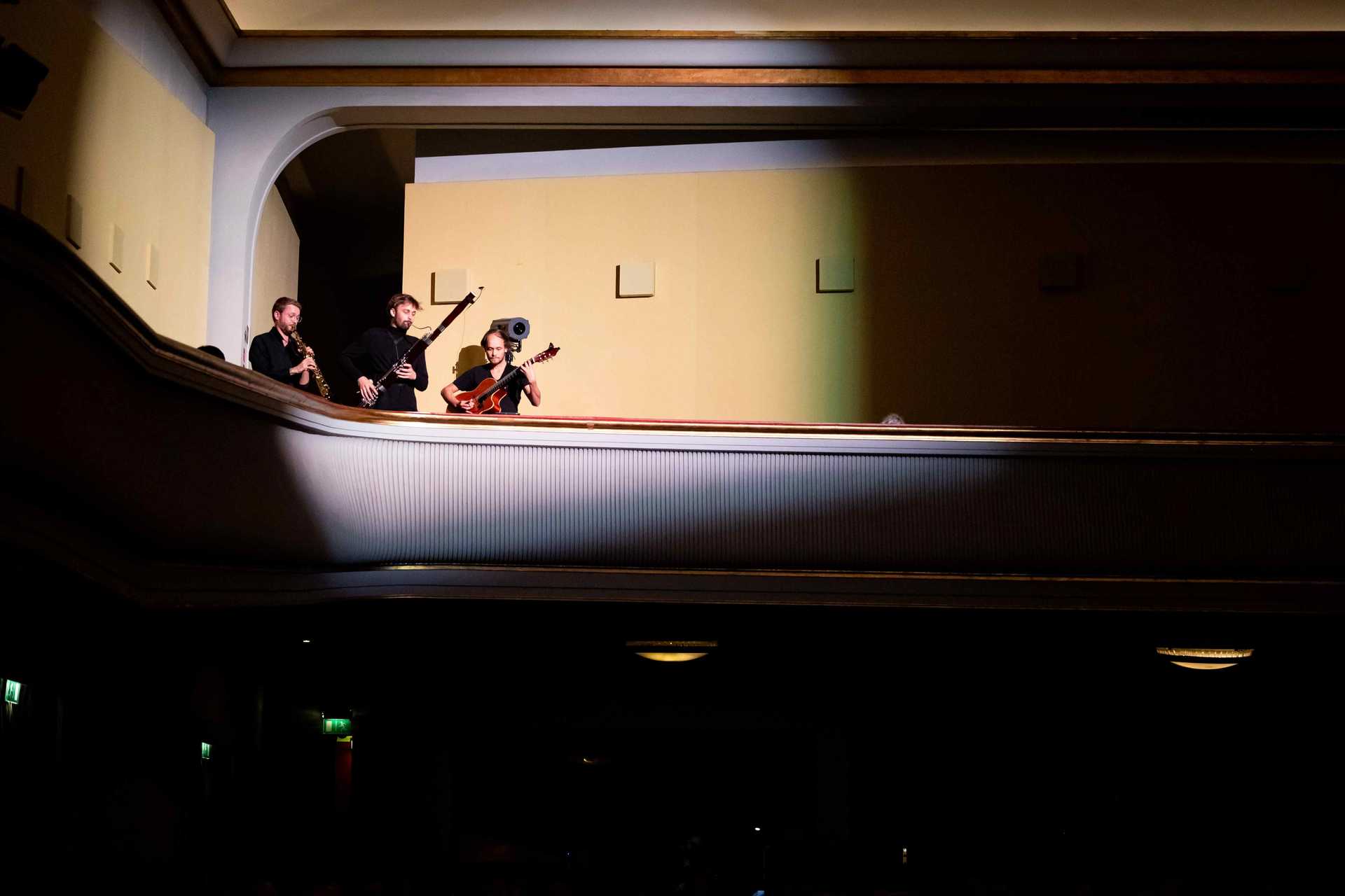 Two musicians of Stegreif perform on a lodge during the event