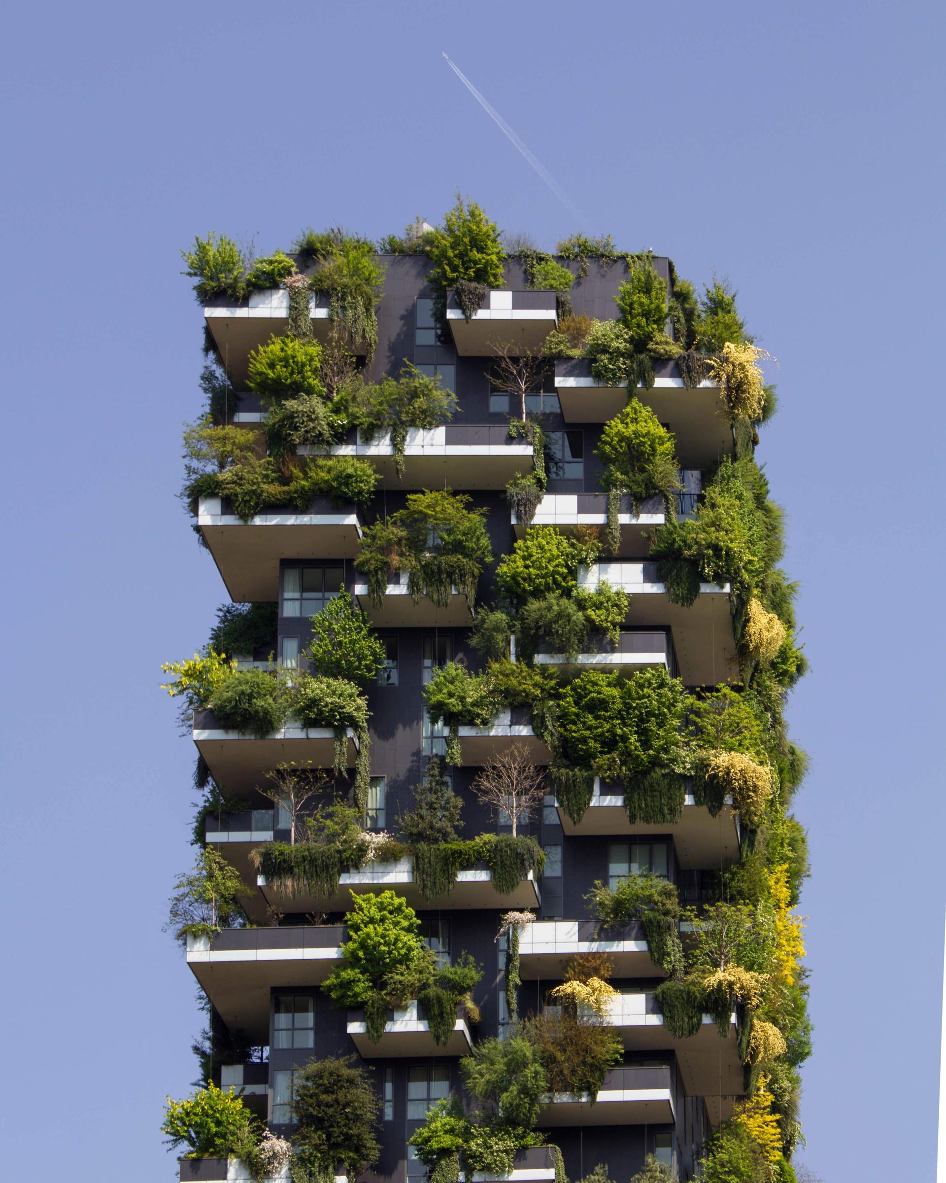 A high tower building full of plants