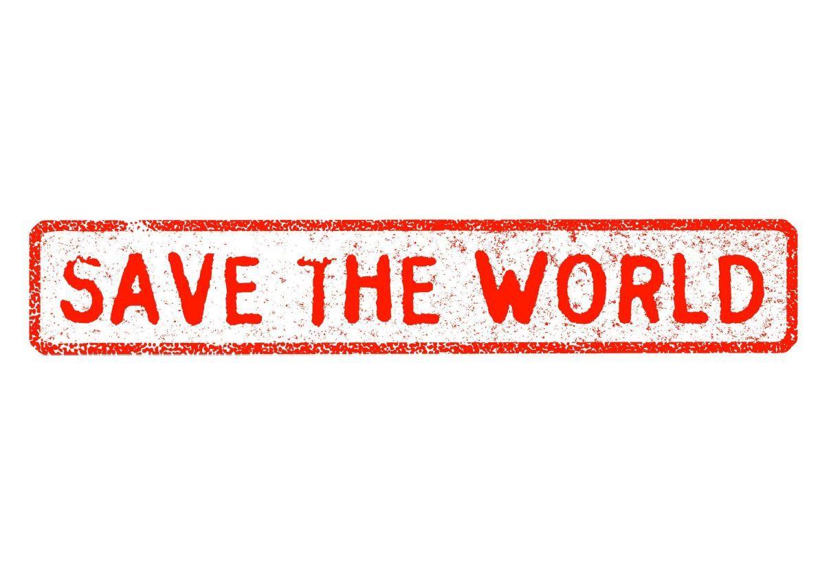 The logo of the organisation "Save the World" is a red lettering with a red frame