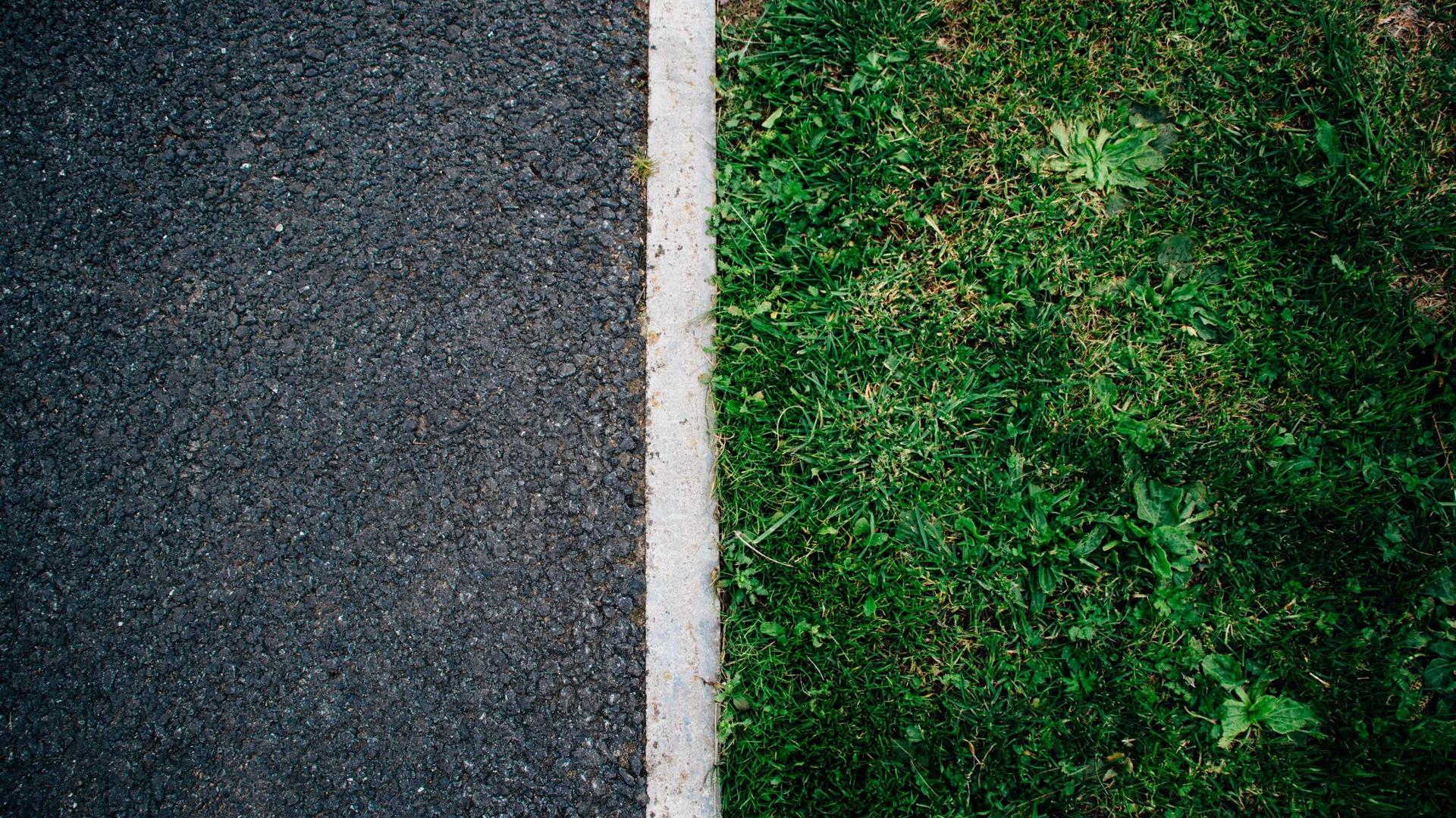 The left side of the picture is a street and the right side grass. Both sides are divided by a white line